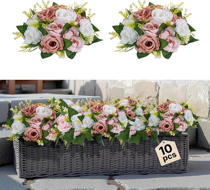 VEVOR Flower Ball Arrangement Bouquet 10PCS, 9.5-Inch Diameter Artificial Flower Balls Wedding Table Centerpieces, Faux Rose Arrangements for Wedding Centerpiece Home Decoration, Pink and White Roses