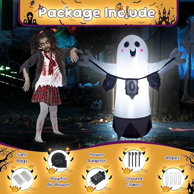 3.5FT White Ghost Halloween Inflatable Decor Halloween Blow Up Decor with LED Light Indoor Outdoor Graden Yard Party Holiday Decoration