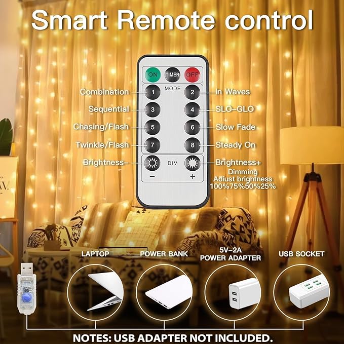 suddus Curtain Lights for Bedroom, 200 Led Hanging String Light Outdoor, Fairy Curtain Lights Indoor for Christmas, Dorm, Wall, Backdrop, Window, Wedding, Party, Birthday Decor, Warm White