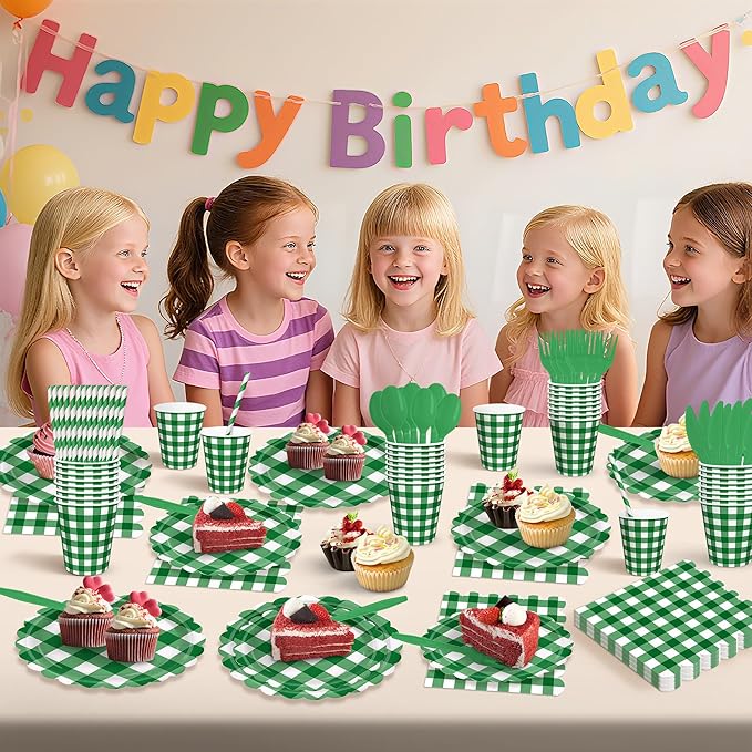 192 PCS Gingham Party Supplies Serve 24 Guests Gingham Plates and Napkins and Cups for Birthday Decorations Baby Shower Checkered Party Dinnerware Sets for Girl Boy Dark Sage Green Christmas