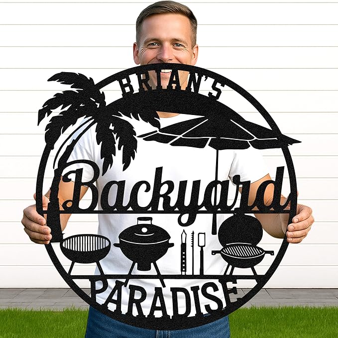 Custom BBQ Grill Metal Sign Personalized Name Wall Art for Outdoor Barbecue Patio Kitchen Backyard Decor Gift for Dad Husband Men Papa Grandpa Father Grilling Enthusiasts Family Lover Funny Gifts 19