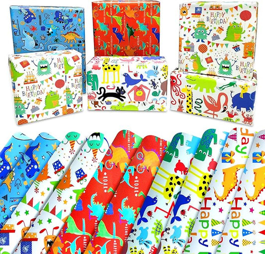 Kids Birthday Wrapping Paper for Boys & Girls - Dinosaur Animal Gift Wrap (6 Sheets 28"Lx20"W per Sheet)