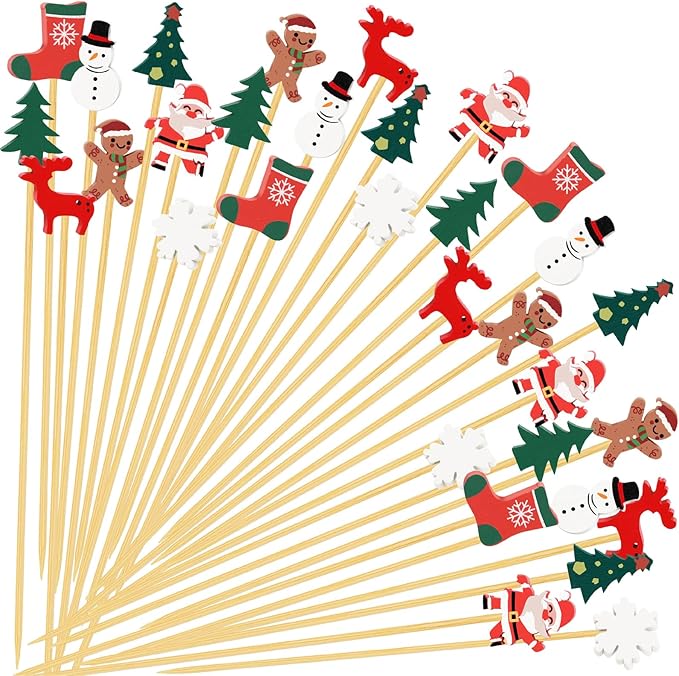 100 Christmas Cocktail Picks, 8 Kind of Christmas Toothpicks, Xmas Tree Snowman Santa Reindeer Stocking Bamboo Charcuterie Skewers Fruit Food Appetizer Sticks for Christmas Party Supplies Decorations