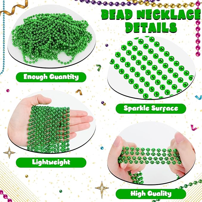24 PCS St Patricks Day Necklace, Green Mardi Gras Beads Bulk, 33" Round Beads St Patricks Day Accessories, Parade Throws for Carnival Decorations Party Favors St. Patricks Decor