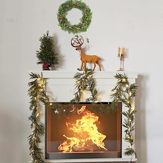 6FT Artificial Christmas Garland, Faux Evergreen Garland with Golden Bell and Star, Pre-lit Battery Operated with Timer for Indoor Outdoor Party Holiday Decor