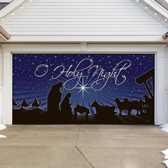 7' x 16' Peaceful O Holy Night Nativity Garage Door Banner - Designed to Move with Door | Sacred Christmas Double Garage Door Decoration