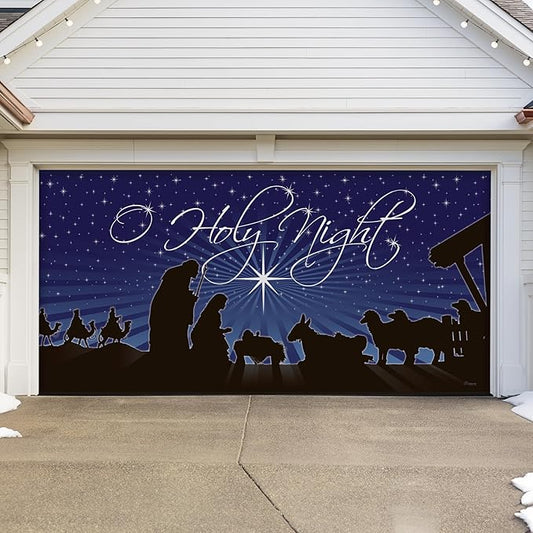 7' x 16' Peaceful O Holy Night Nativity Garage Door Banner - Designed to Move with Door | Sacred Christmas Double Garage Door Decoration