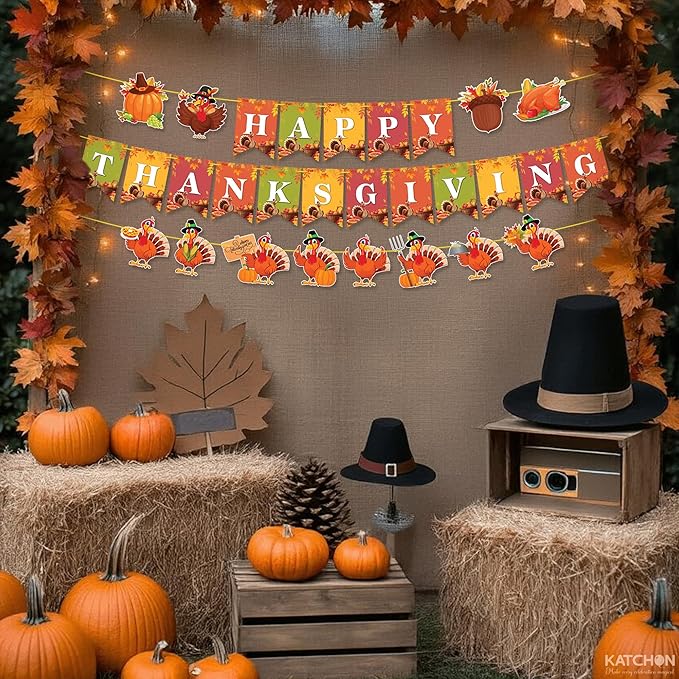 KatchOn, Happy Thanksgiving Banner - 10 Feet, No DIY | Pumpkin Turkey Decorations, Thanksgiving Decorations Indoor, Outdoor, Home | For Fall Decor, Harvest Decoration, Party Supplies