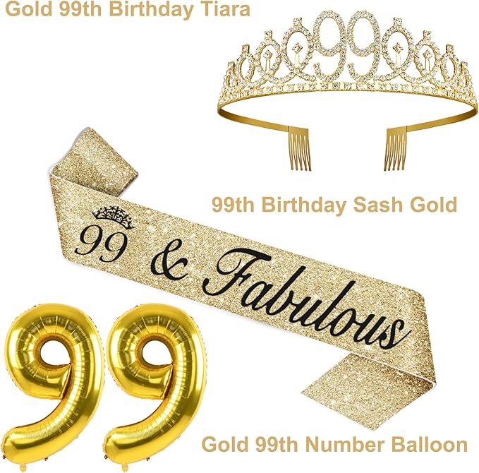 99th Birthday Decorations for Women Gold with 99th Birthday Sash and Tiara, Cake Topper and Candles, Number Balloons, 99 Year Old Gifts for Women