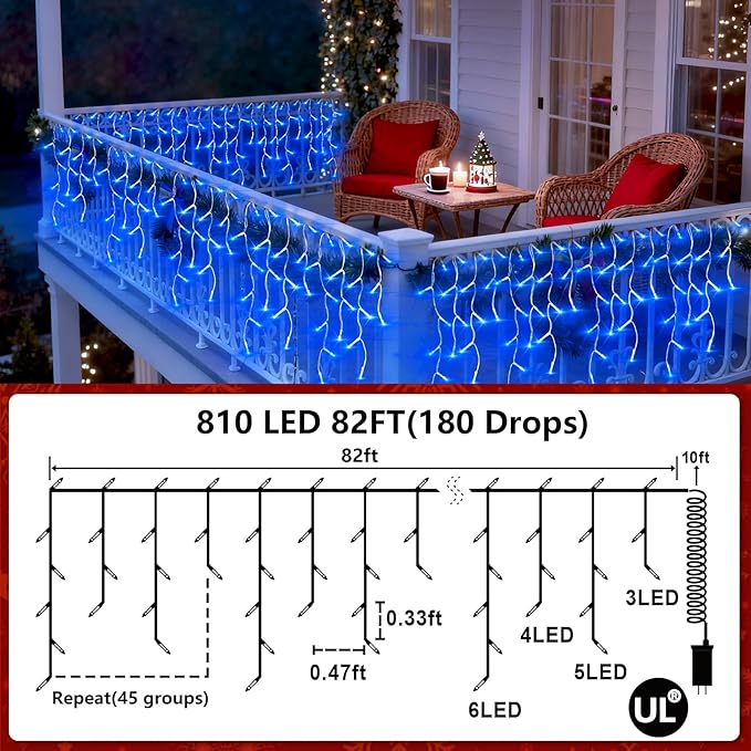 810 LED Christmas Lights Outdoor Indoor, 82ft Blue String Lights with 180 Drops, 12 Modes Dimmable Curtain Lights with Timer, Waterproof Twinkle Fairy Lights for Bedroom Window Eaves Xmas Decor