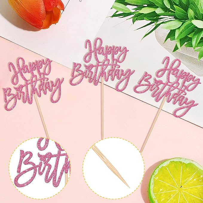 24 PCS Glitter Cupcake Toppers - Happy Birthday & Anniversary Picks - Pink