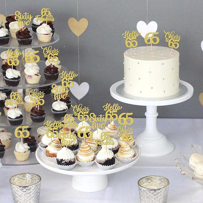30PCS Happy 65th Birthday Cupcake Toppers Glitter Hello 65 Fabulous Sixty Five Cheers to 65 Years Old Birthday Cupcake Picks for Happy 65th Birthday Anniversary Party Cake Decorations Supplies Gold