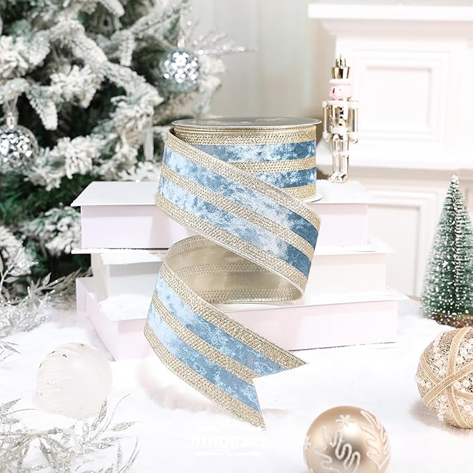 Dusty Blue Velvet Wired Ribbon with Champagne Glitter Stripe 2.5 Inch Crushed Velvet Christmas Ribbon, 10 Yards for Gift Wrapping, Crafts, Christmas Tree Decorations, Wreaths, Garlands