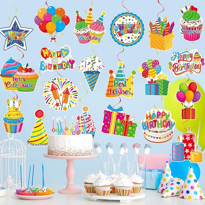 40Pcs Birthday Hanging Swirl Decorations, Colorful Cupcake Balloons Hat Sign Swirl Decor Happy Birthday Hanging Ornaments for Boy Girl Kid Party Supplies