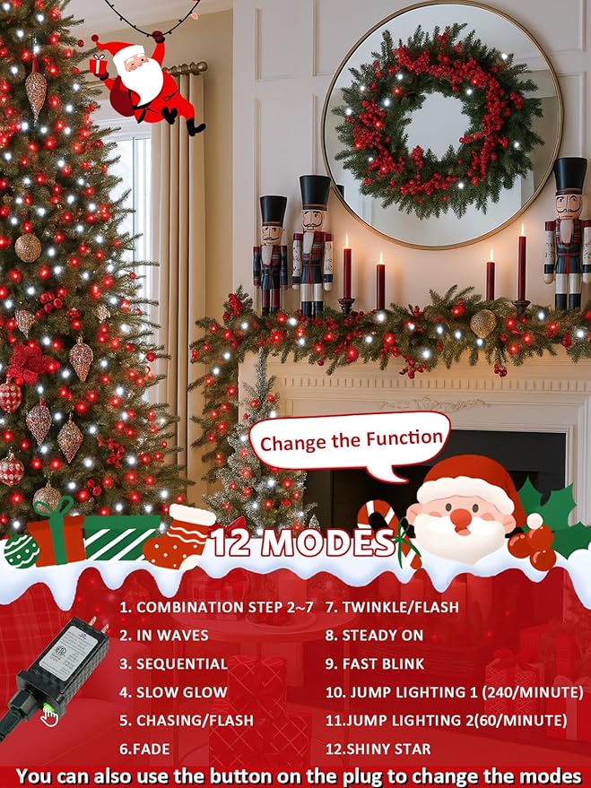 Voice Controlled Smart Christmas Lights Outdoor, 75.8ft 200 LED Extendable String Lights with 7 Voice Commands, 12 Modes & Timer, Waterproof Christmas Decorations for Party Tree Garden (Red and White)