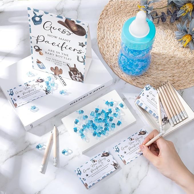 Roowest 512 Pcs Baby Shower Games Guess How Many Pacifiers Sign 100 Small Guessing Games 10 HB Pencils 750ml Milk Bottle 400 Acrylic Pacifiers Decoration for Guest Gender Reveal(Blue,Cowboy)