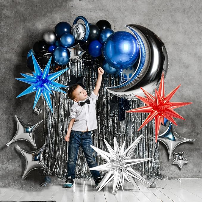 21 Pcs Star Balloons,22/18/10 Inch Star Foil Mylar Balloon,Spike Balloon and Four Pointed Balloons for Party Supplies Christmas Birthday Wedding Photo Booth (Silver Red Blue)