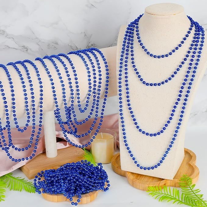24 PCS Blue Mardi Gras Beads Necklaces, 33" Metallic Patriotic Carnival Beaded Necklaces, 4th of July Costume Necklaces, Mardi Gras Accessories for Gender Reveal Parade Throws Party Decorations