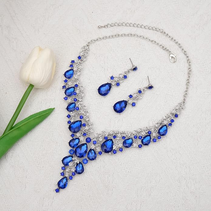 CSY Elegant Crystal Costume Jewelry Sets Flower Bridal Necklace Earrings Stretch Bangle Set for Bride Bridesmaid Wedding Dress Accessories
