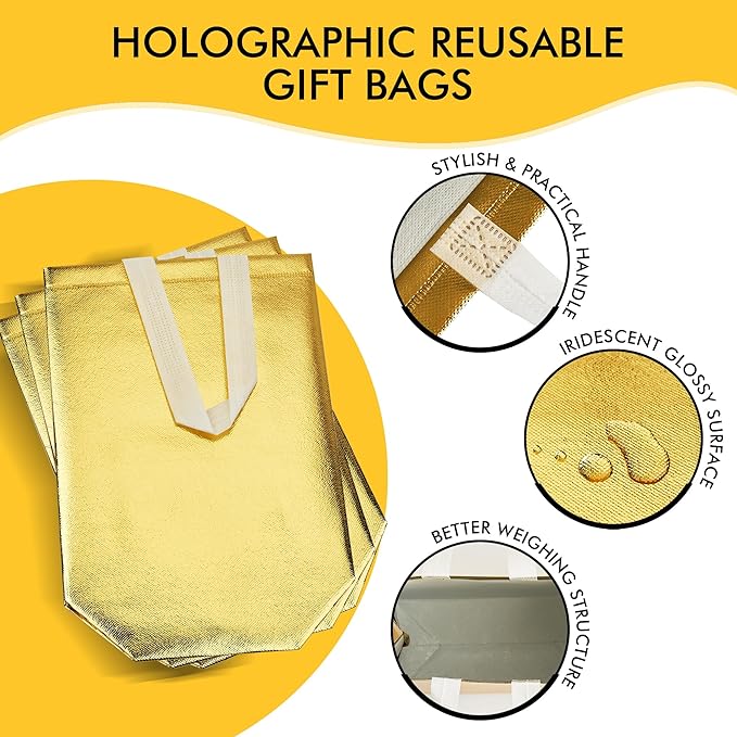 RACETOP 15 Pcs Gold Gift Bags Medium Size, 8x4x10 Inch Reusable Gift Bags with Handles & Sturdy Base, Ideal for Birthday, Wedding, Bachelorette, Party Favors, Holiday Goodie