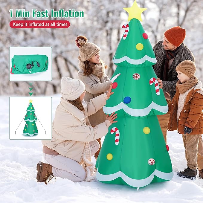 7 FT Christmas Tree Inflatable with LED Lights, Quick Setup, Sturdy Outdoor Holiday Decoration, Includes Sandbags, Stakes, Ropes, Perfect for Yard, Lawn, Garden
