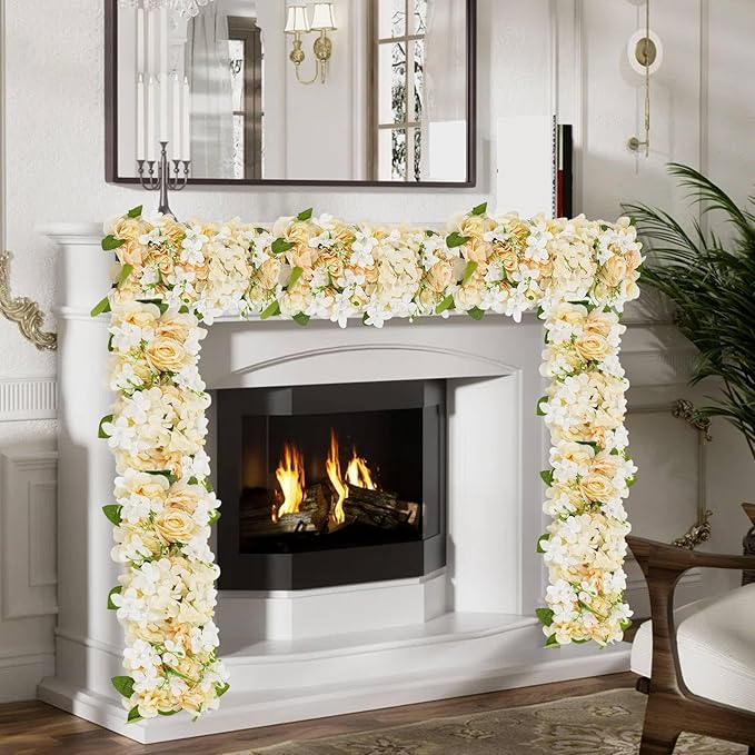 6 Pack Artificial Peony Garland,Wedding Arch Artificial Flower Panels,Flowers Wall Backdrop Panel for Wedding Dining Table Christmas Home Party Decor (White&Champagne)