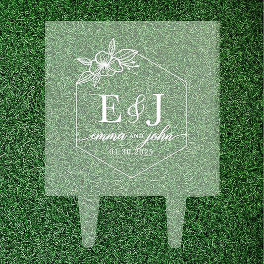 Andaz Press Tropical Geometric Floral Hexagon Custom Wedding Cake Topper, Acrylic Square Personalized Couple Cake Topper