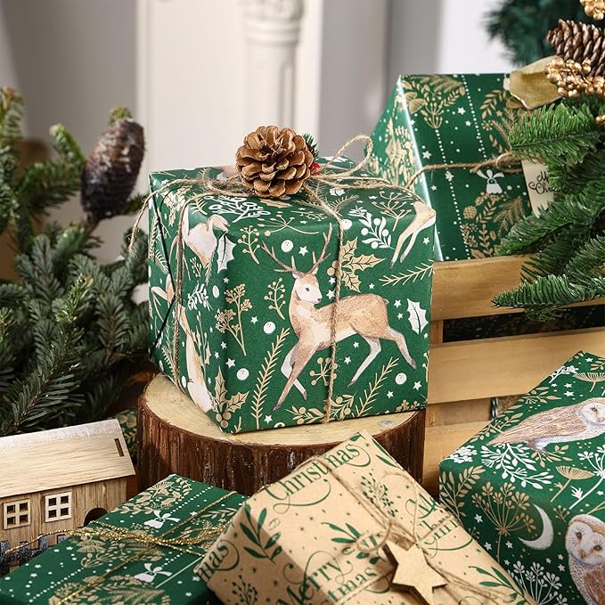 RUSPEPA Christmas Wrapping Paper Set, Jumbo Roll, 4 Rolls Green Owl Reindeer Ball Design Kraft Gift Wrap with 8 Bows, 2 Spools of Bakers Twine, 30 Stickers and 30 Gift Tags, 30 Inch x 10 Feet Per Roll