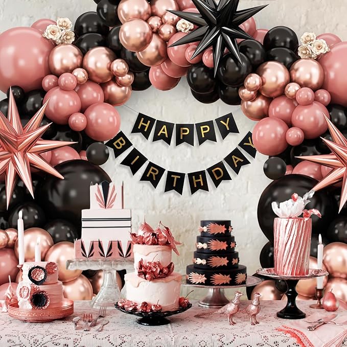 Dusty Pink and Black Balloon Arch,Balloon Garland with Star Foil Rose Gold Balloons for Birthday Wedding Bachelorette Party Decorations