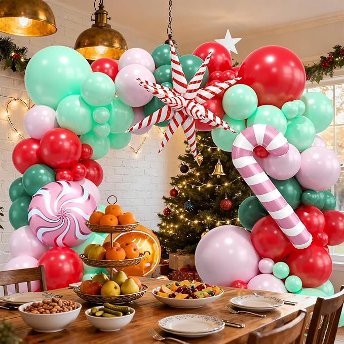 Christmas Balloon Arch Garland Kit,120PCS Christma Pastel Pink Green Balloons, Candy Crutch Gingerbread Foil Ballons for MerryChristmas Party Decorations Party Supply Birthday,Baby Shower