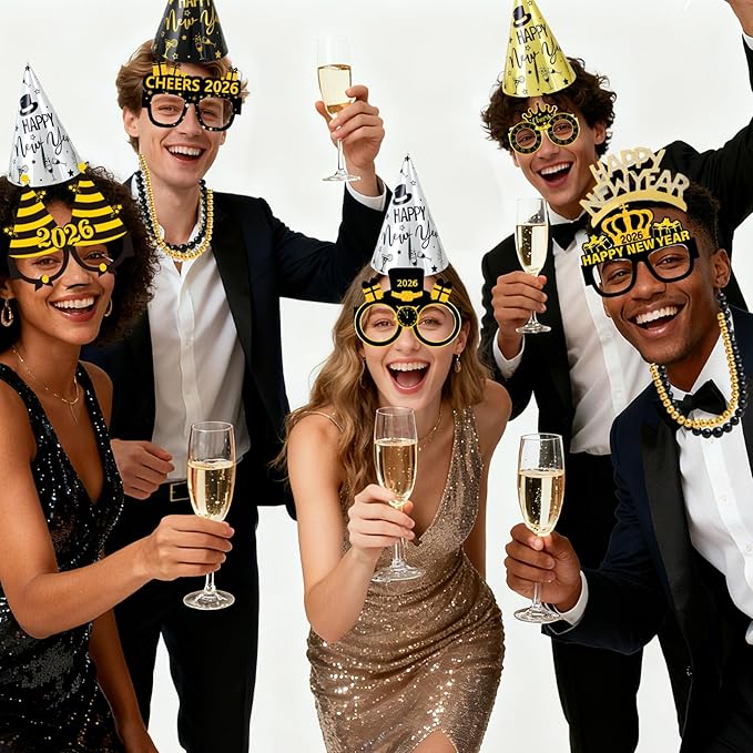 2026 New Years Decorations 75PCS New Year’s Eve Party Supplies Including Glasses, Cone Hats, Headband Tiaras, Banner, Horns, Necklaces for Party Decor Favor