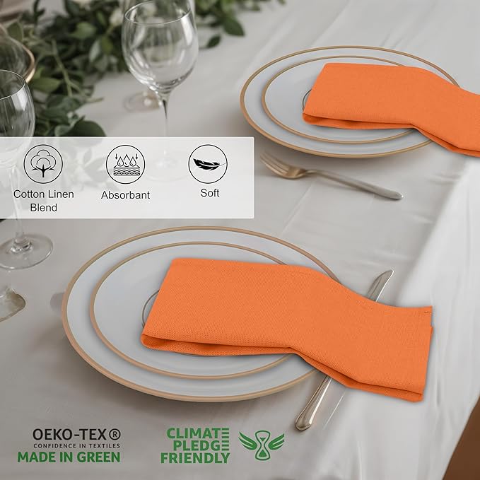 Ruvanti Linen Napkins Set of 12, 18x18 Cloth Napkins, Cotton Linen Blend Napkins Cloth Washable, Soft, Reusable Dinner Napkins for Wedding, Parties, Christmas, Thanksgiving, Everyday Use - Orange