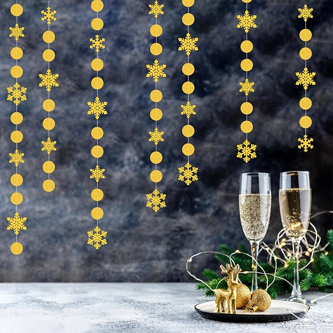 Snowflake-Snow Gold Christmas Party-Decoration Garland - 52Ft Winter Wonderland Frozen Hanging Paper Streamers,Birthday New Year Supplies Decor Lasting Surprise