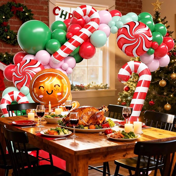 Christmas Balloon Arch Kit, Gingerbread Man Balloon Garland with Green Pink Latex Balloons Candy Cane Foil balloons for Christmas Party Decorations New Year Xmas Party Supplies