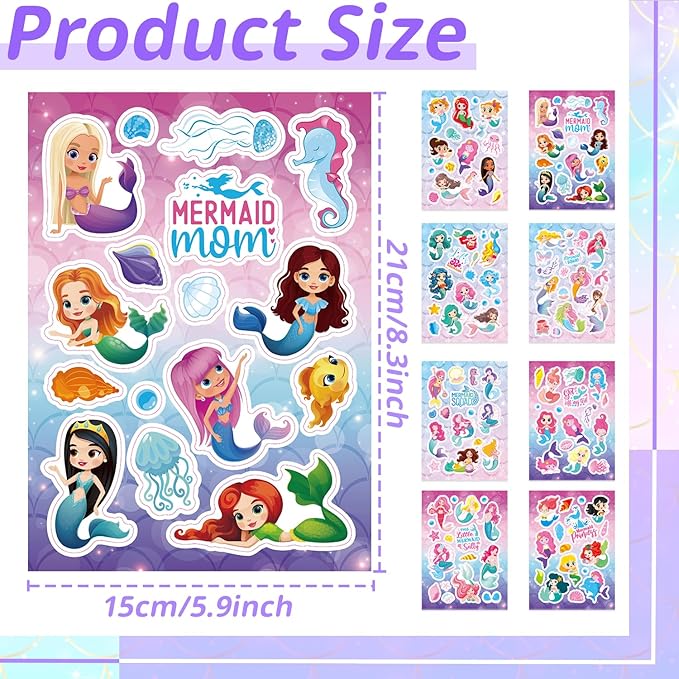 24 Sheets Little Mermaid Princess Stickers for Kids, Mermaid Stickers Bulk Preschool Sticker Sheets for Reward Craft Scrapbooking Water Bottles Gifts Bags Cards Envelopes Party Favors Supplies