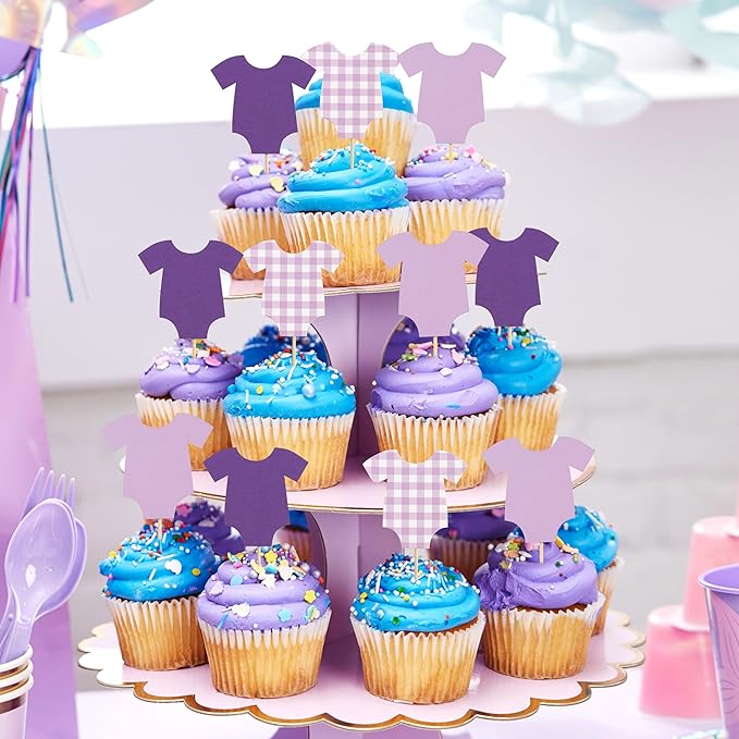Purple Bodysuit Cupcake Topper - Baby Shower Decoration Purple Gingham Cake Topper,Baby Shower Bunting (purple-topper)