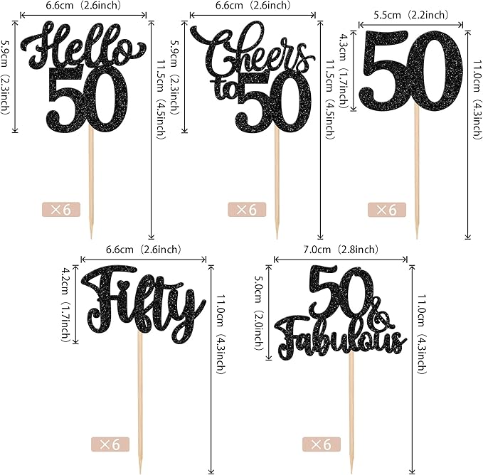 30PCS Happy 50th Birthday Cupcake Toppers Glitter Hello 50 Fabulous Fifty Cheers to 50 Years Old Birthday Cupcake Picks for Happy 50th Birthday Anniversary Party Cake Decorations Supplies Black