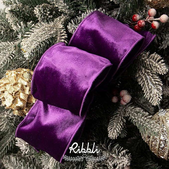 Ribbli Purple Velvet Wired Ribbon 4 Inch Velvet with Satin Christmas Ribbon for Gift Wrapping Christmas Tree Decoration Crafts Wreaths Supplies-Continuous 10 Yards
