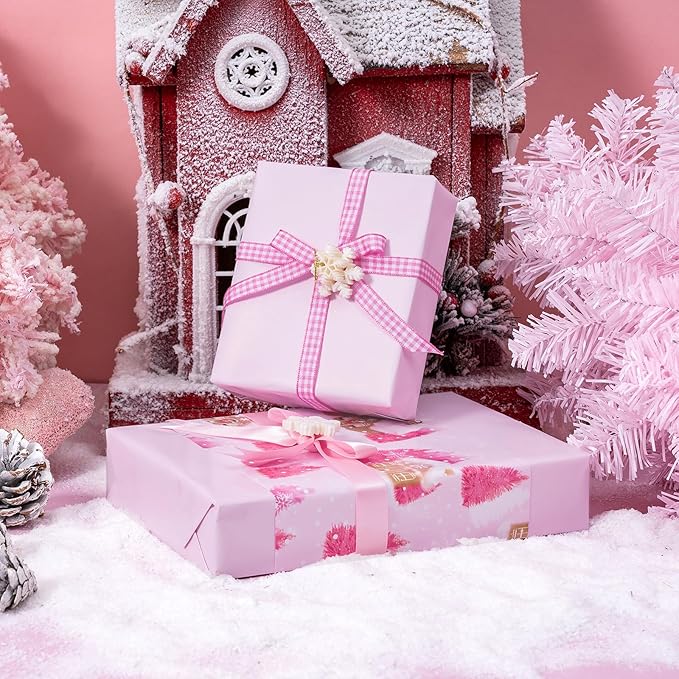 WRAPAHOLIC 30 Inch Jumbo Reversible Christmas Wrapping Paper - 30 Inch x 100 Feet Jumbo Roll Pink Gingerbread House and Solid Pink Wrapping Paper for Christmas, Holiday, Party Celebration