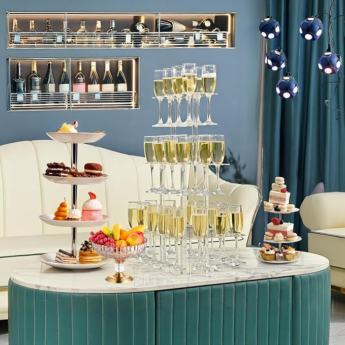 Champagne Tower, Rectangle Acrylic Champagne Display Rack Stand with 32 Slots, 3 Tier Floating Sight Champagne Flute Holder for Party, Wedding, 17.3x11.8x25.5 inch, 2Pcs