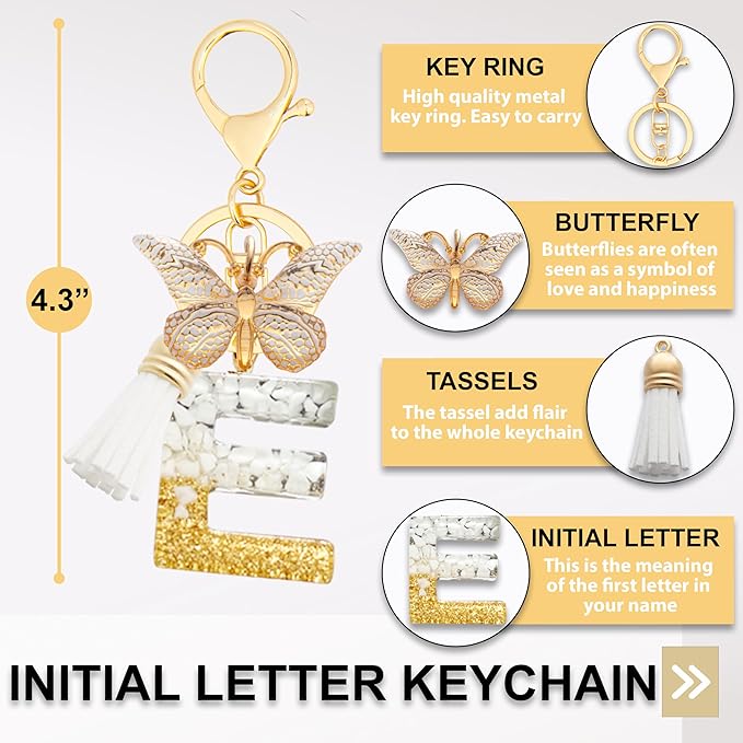 Initial Letter Keychain, Butterfly Keychain Cute Resin, Initial Keychain Backpack Charms, Key chain for Women, Girls