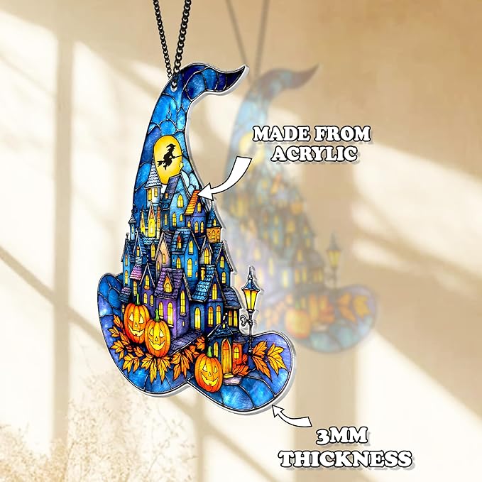Witch Hat Suncatcher for Window Hanging, Gothic Halloween Decoration, Spooky Town Pumpkin Acrylic Ornament, Jack-o’-Lantern Fantasy Decor, Autumn Halloween Christmas Witchy Gifts for Women, Friends