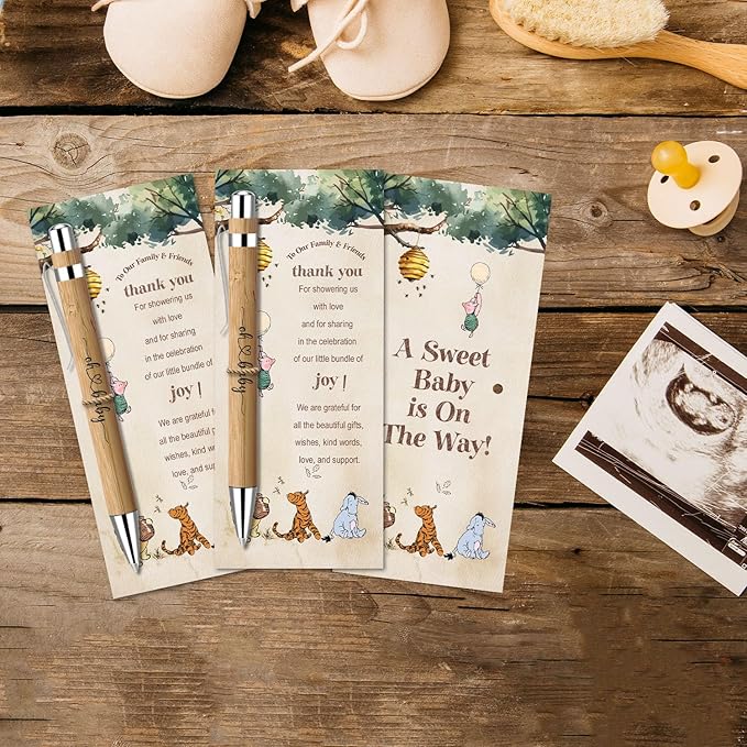 30 Pieces Baby Shower Gifts for Guests, Winnie Baby Shower Sets, Included Bamboo Pens Greeting Cards, Gender Reveal Souvenirs Prizes, Winnie Baby Shower Decor