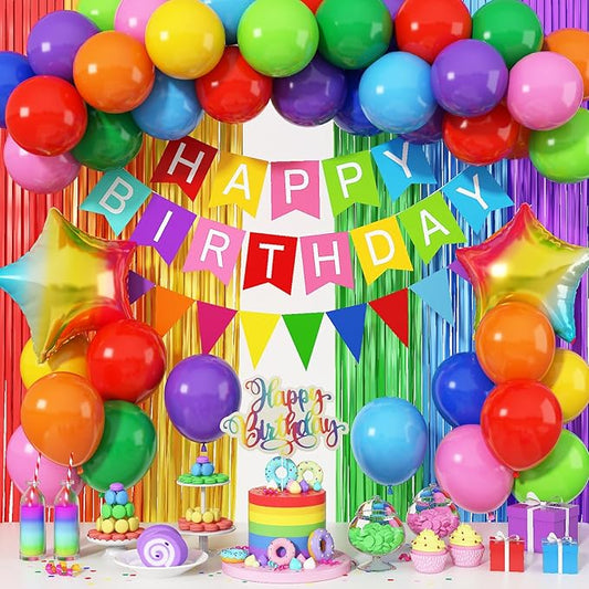Rainbow Birthday Decorations for Kids, Colorful Party Decor Assorted Color Latex Foil Balloons Fringe Backdrop Happy Birthday Banner Cake Toppers for Boys Girls Carnival Circus Party Supplies
