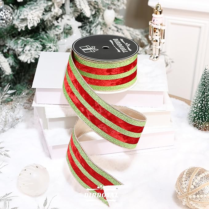 Red Velvet Wired Ribbon with Lime Green Glitter Stripe 2.5 Inch Crushed Velvet Christmas Ribbon, 10 Yards for Gift Wrapping, Crafts, Christmas Tree Decorations, Wreaths, Garlands