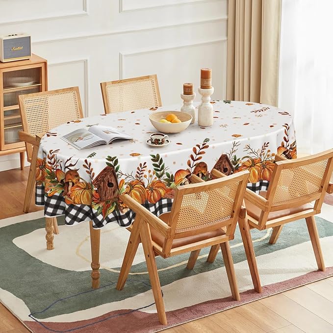 Horaldaily Fall Tablecloth 60×84 Inch Oval, Thanksgiving Autumn Harvest Pumpkin Mushroom Black Buffalo Plaid Table Cover for Party Picnic Dinner Decor