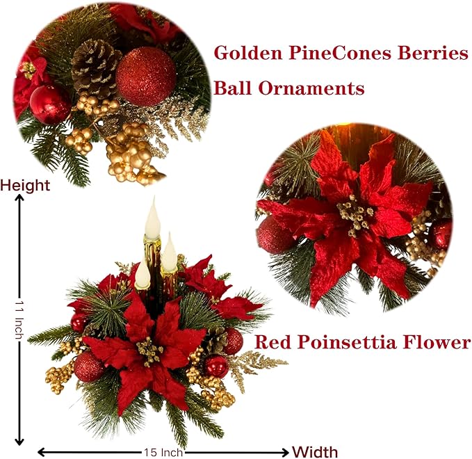 Christmas Decorations,Christmas Floral Arrangement Centerpiece for Table, Golden Flameless Candles Red Poinsettia Flower Golden Pine Cones Berries and Ball Ornaments Holiday Winter Decorations