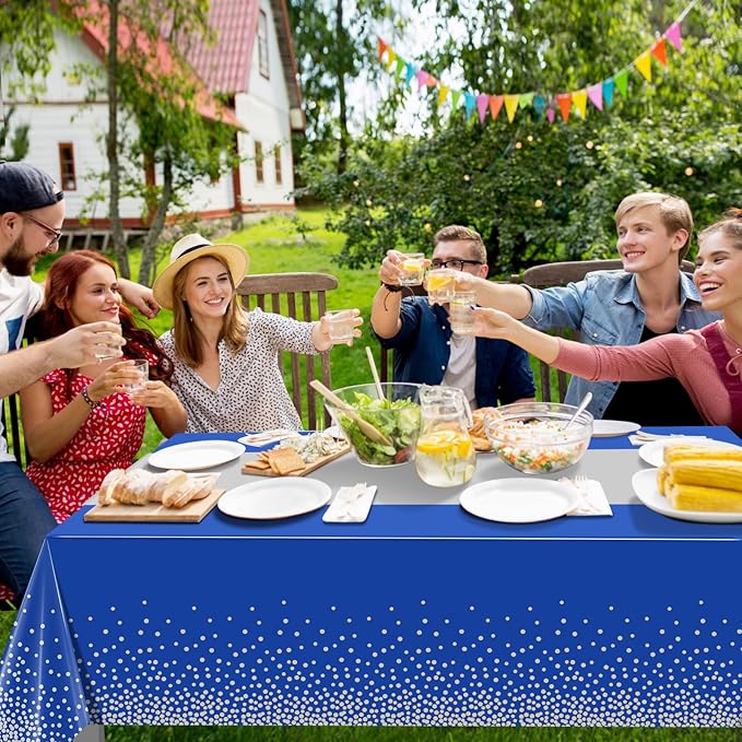 1Pcs Blue Silver Tablecloth Party Decorations,Plastic Royal Blue Table Cloth Printed Silver Table Runner Disposable Rectangle Tables Cover for Anniversary Wedding Graduation 2024 Party,54 x108 Inch