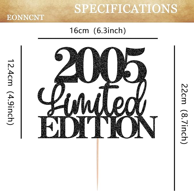 Limited EDITION 2005 Cake Topper - Black Glitter Happy 20th Birthday Party Cake Decoration Supplies, Cheer to 20 Years Cake Bunting Decor for 20th Birthday Party Photo Booth Props