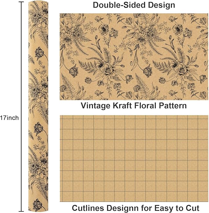 Yarcony Kraft Floral Wrapping Paper, Wildflower Wrapping Paper, Vintage Gothic Boho Black Floral Gift Wrap for Birthday, Bridal Shower, Wedding, Mother's Day, Graduation, Christmas (17 In X 33 Ft)